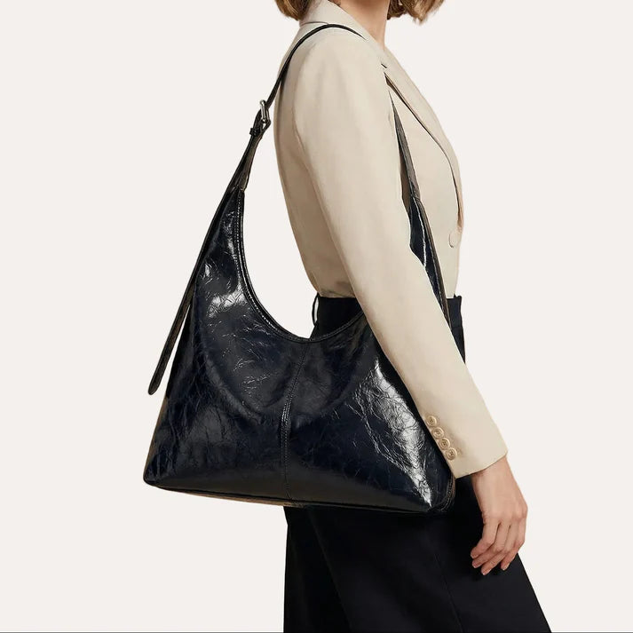 Large Crinkled Patent Leather Hobo Shoulder Bag