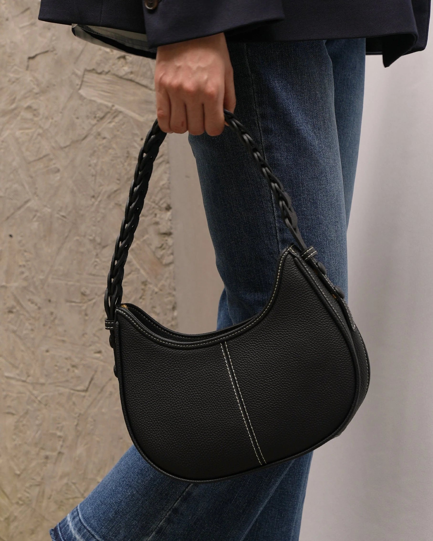 Textured Leather Braided Strap Hobo Shoulder Bag