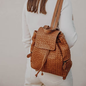 Hand-Woven Leather Drawstring Flap Backpack