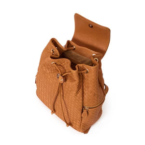 Hand-Woven Leather Drawstring Flap Backpack